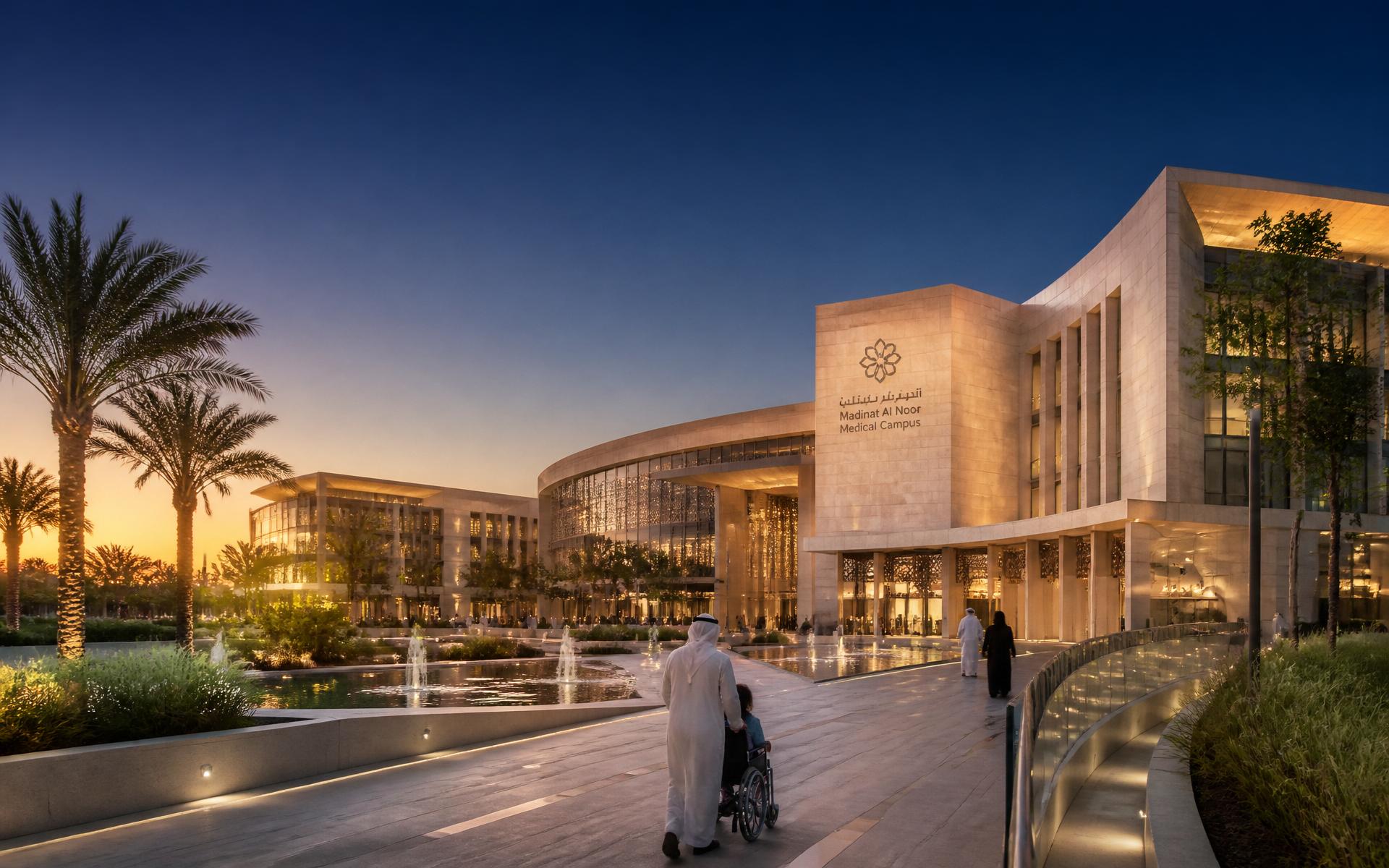 Rendering of an inclusive medical campus at dusk